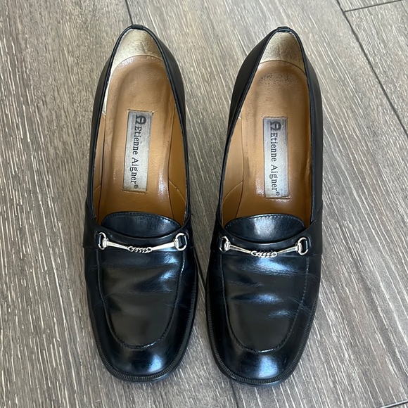 Black leather heels - silver buckle square toe - Picture 2 of 12